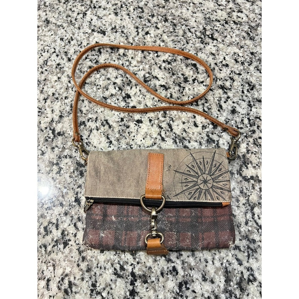 Mona B Rustic Leather Compass Rose Plaid Fold Over Zip Crossbody Purse Handbag
